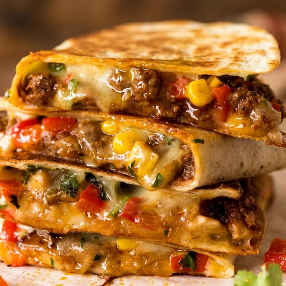 Stack of crispy beef quesadillas layered with melted cheese, corn, peppers, tomatoes, and cilantro.