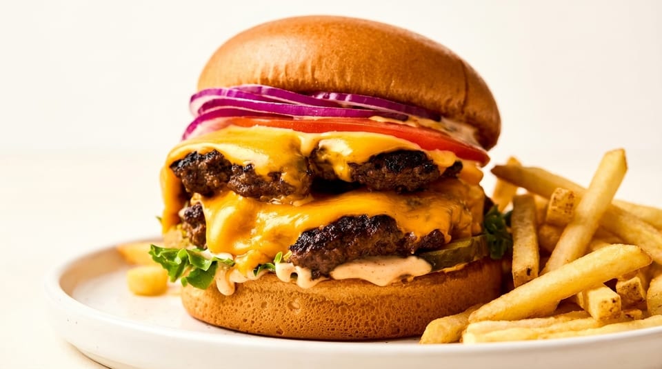 Double cheeseburger with red onions, tomato, lettuce, pickles, sauce, and a side of fries.