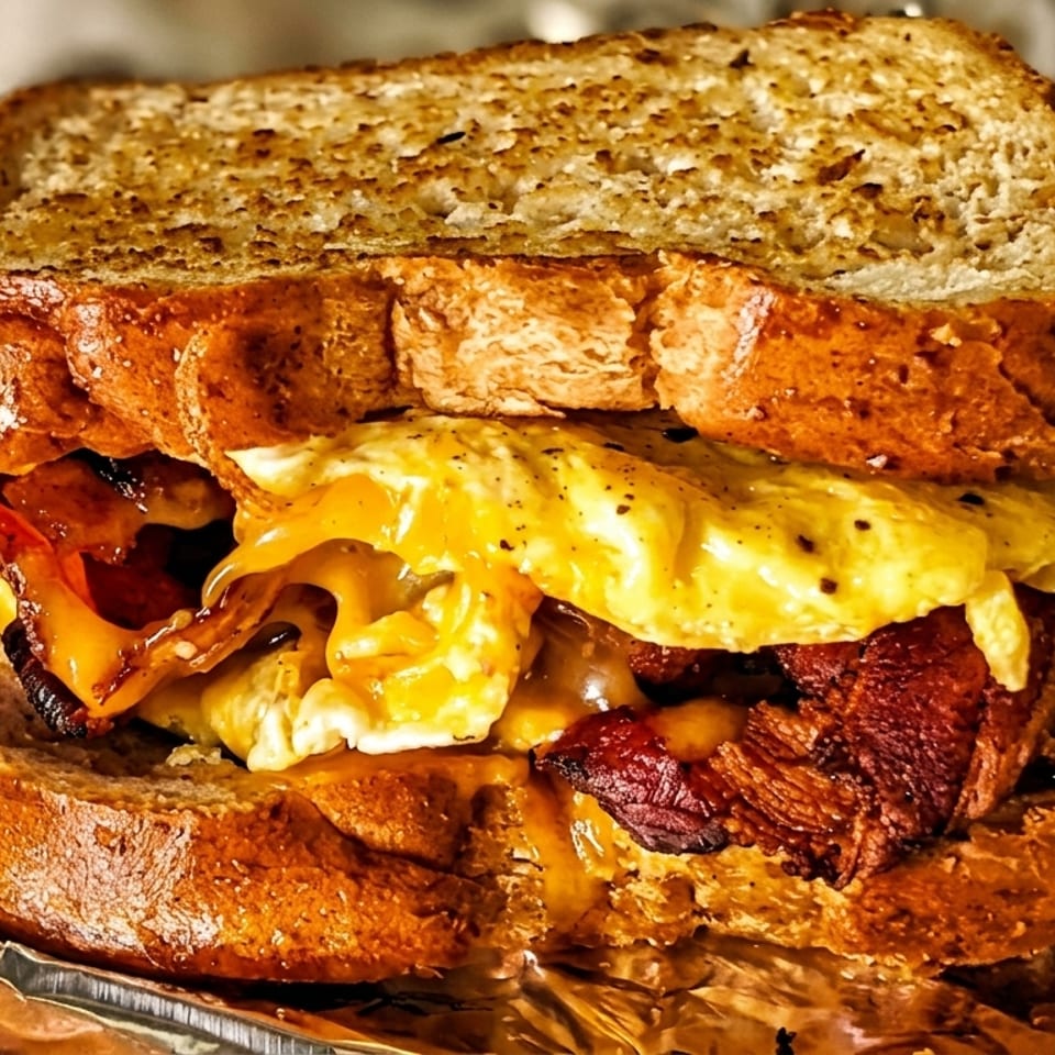 Grilled sandwich layered with bacon, fried eggs, melted cheese, and toasted bread, wrapped in foil.