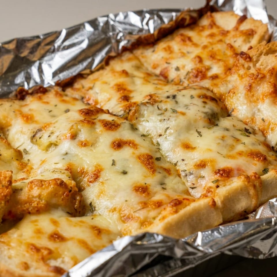 Golden cheesy garlic bread slices sprinkled with herbs, arranged in a foil-lined tray.