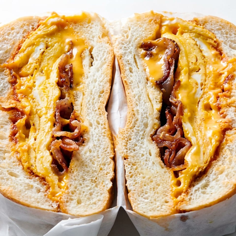 Toasted bagel sandwich split open, filled with melted cheddar cheese and crispy bacon, wrapped in white paper.