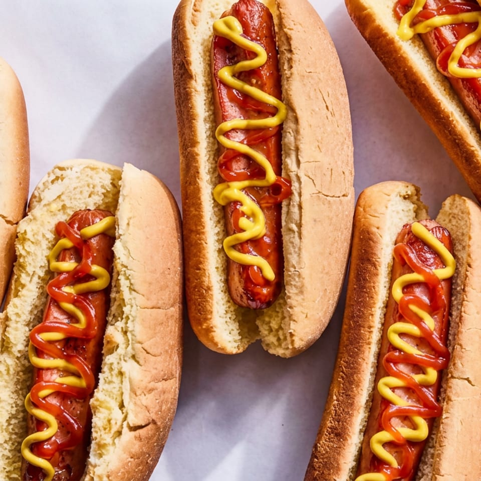 Six hot dogs in toasted buns topped with zigzagged ketchup and mustard on a light surface.